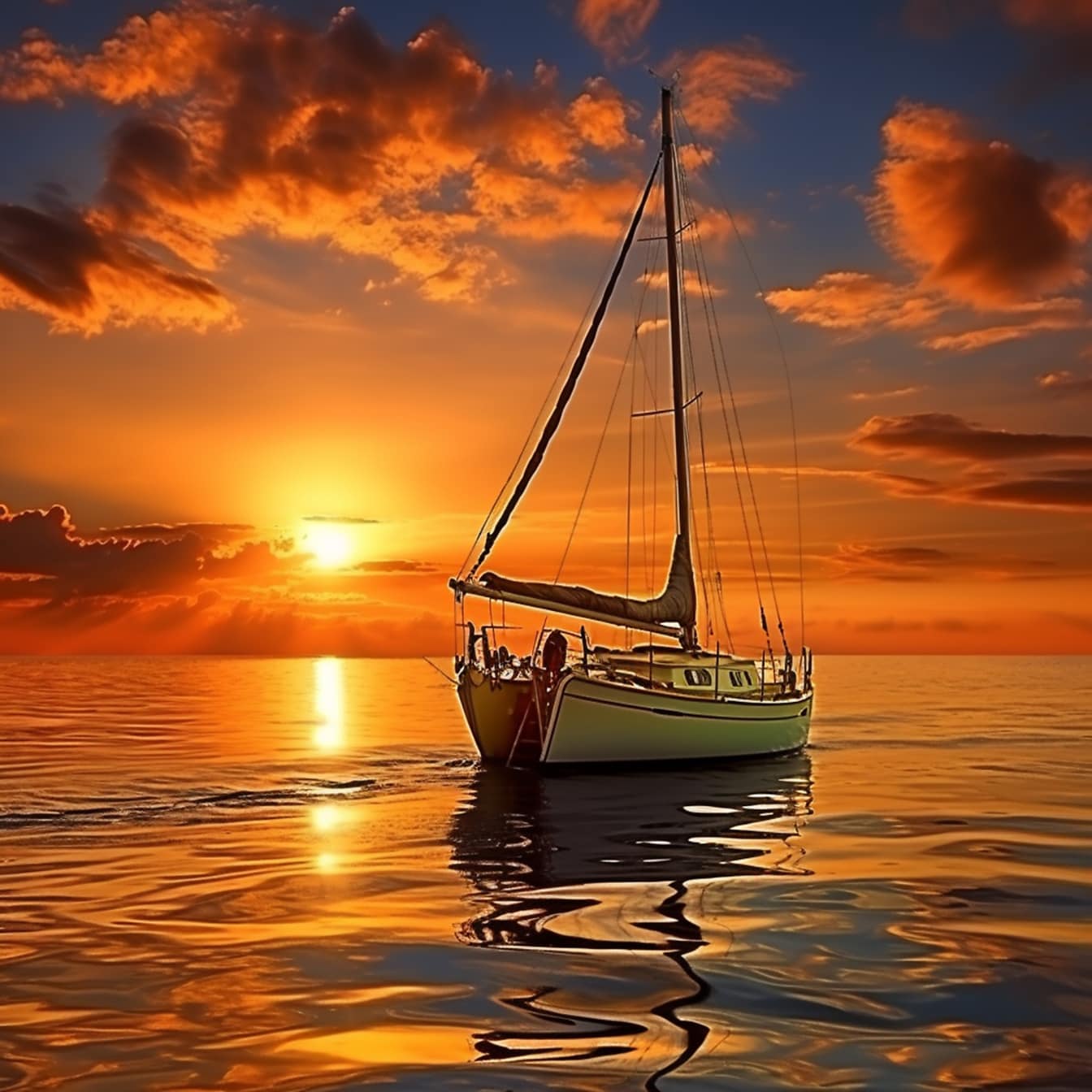 Илюстрация на ветроходна лодка в океана по залез слънце
