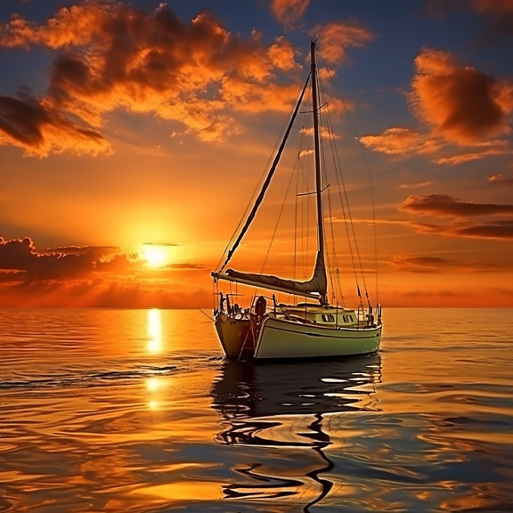 ilustrace, plachtění, loď, západ slunce, oceán, loď, moře