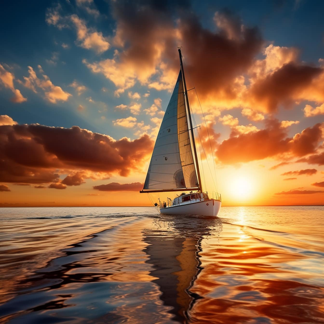 Illustration einer segelnden Yacht mit tropischem Sonnenaufgang als Hintergrund