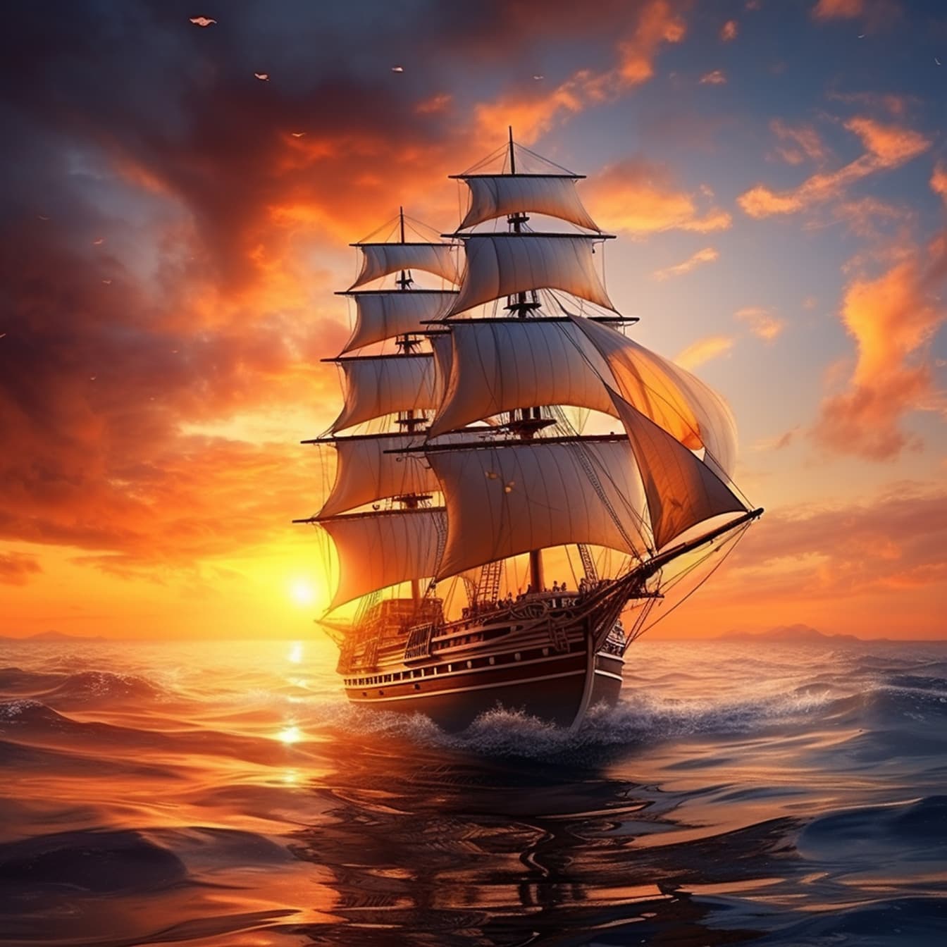 ドラマチックなオレンジイエローの夕日を浴びた海に浮かぶ雄大な帆船