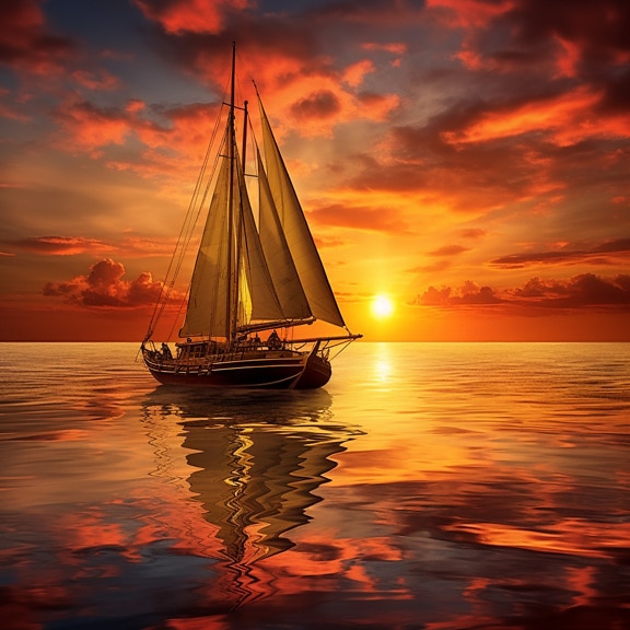 Pirate sailing boat in sunset with orange yellow sky