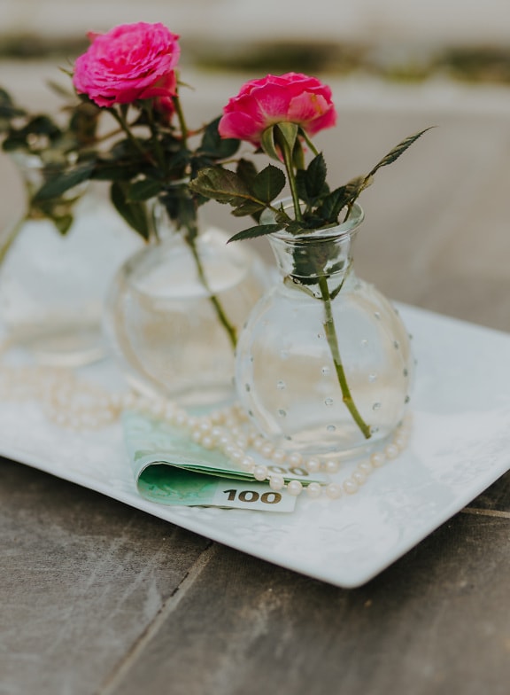 100 euró pénz átlátszó vázával, rózsaszínű rózsákkal