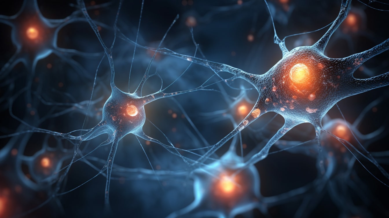 Neuronen-Synapsen-Netzwerk, Gehirnzellteilung, Nahaufnahme, Illustration