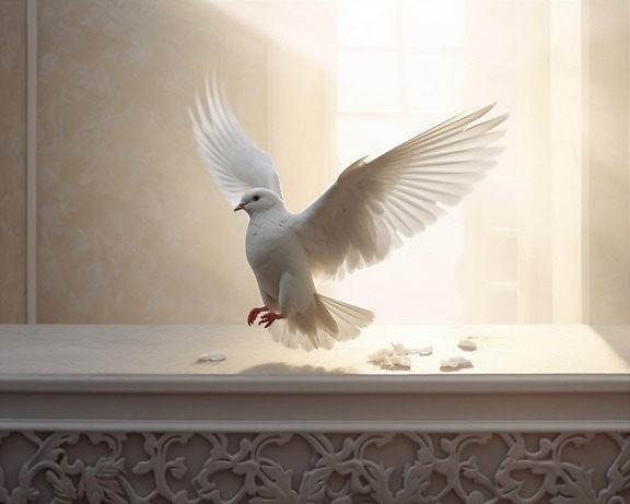 Beautiful graphic of white pigeon flying inside room