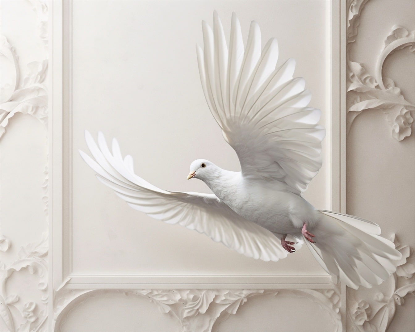 バロック様式の部屋で飛ぶ白い鳩