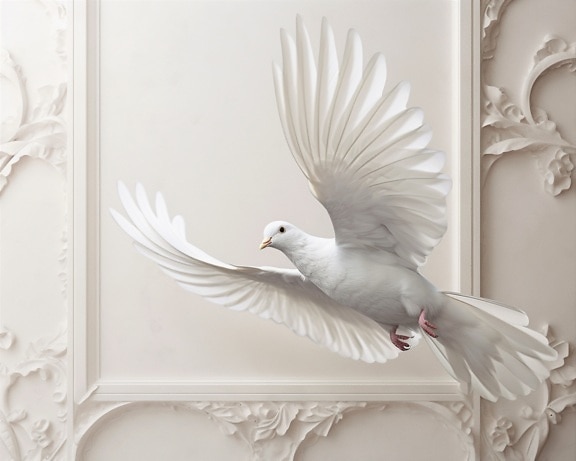 White dove in flight in baroque style room
