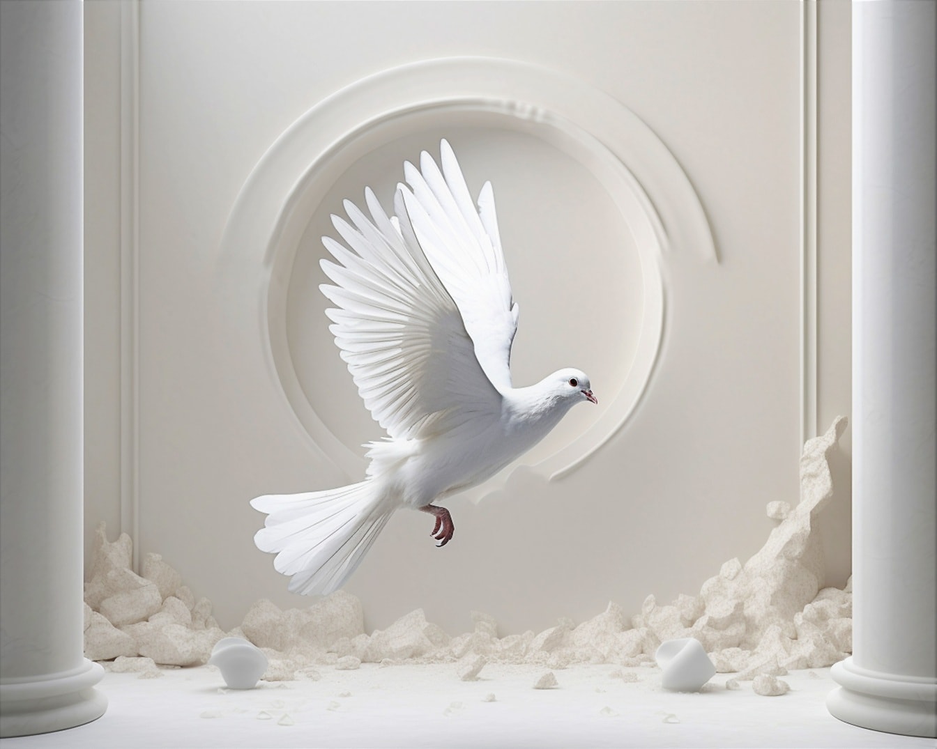 Biały gołąb lecący w opuszczonym pokoju