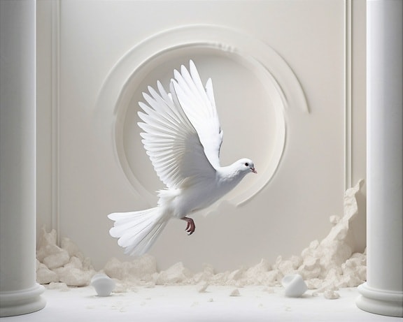 White pigeon flying inside abandoned room