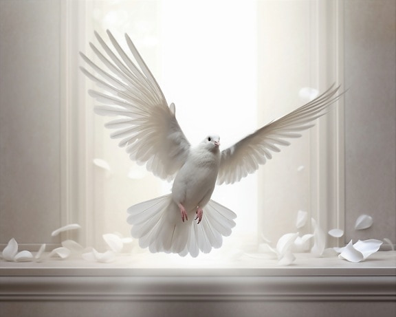 Majestic wings of white pigeon flying inside beige room