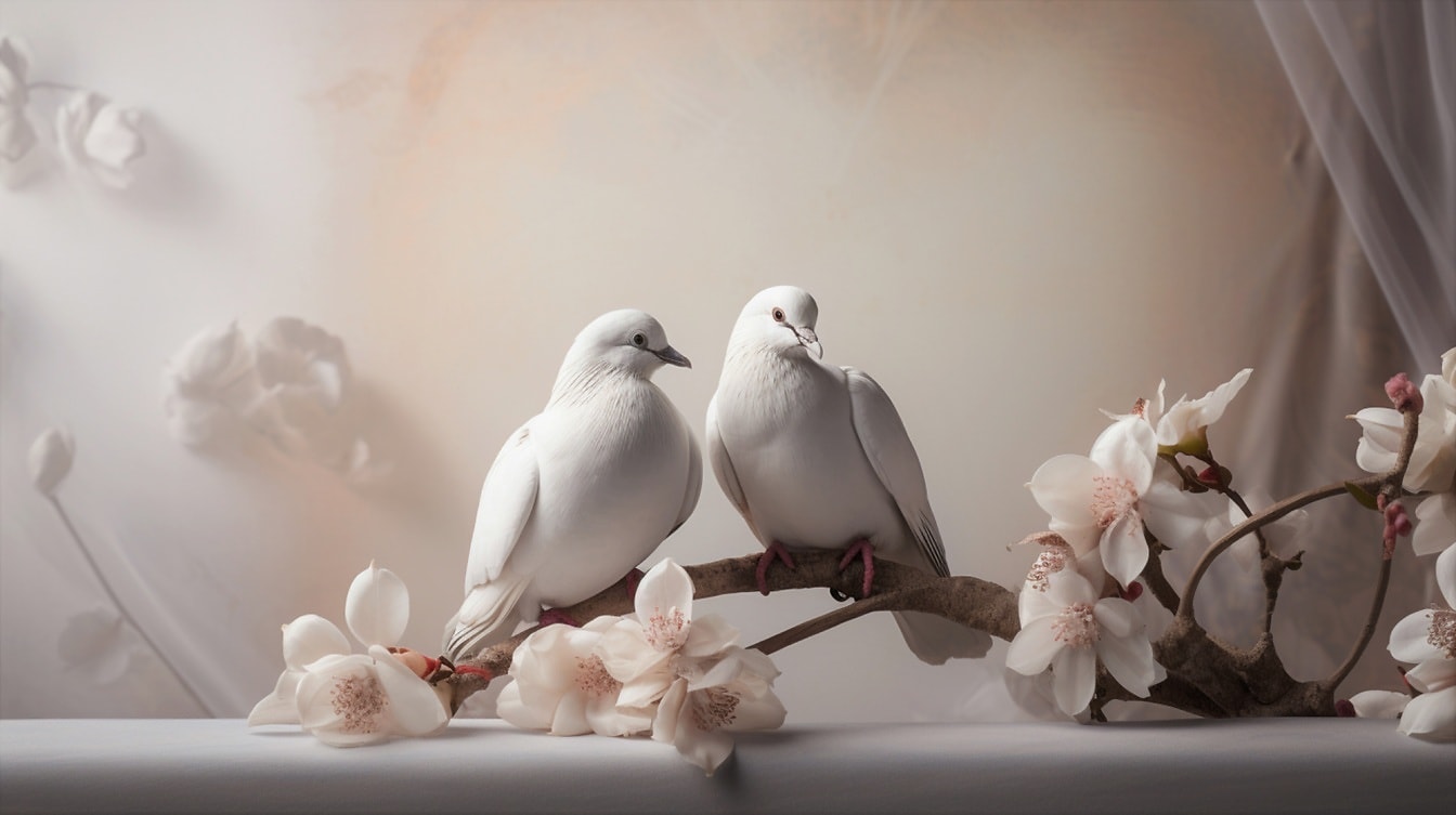 Fotomontasje av hvite duefugler på grener med hvite blomster
