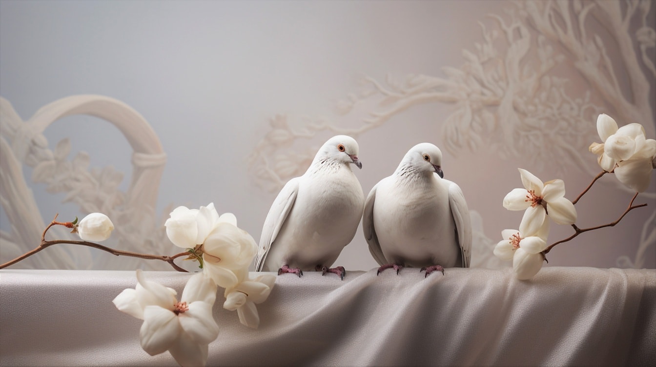 Sivé holuby na bielom hodvábnom plátne s kvetmi