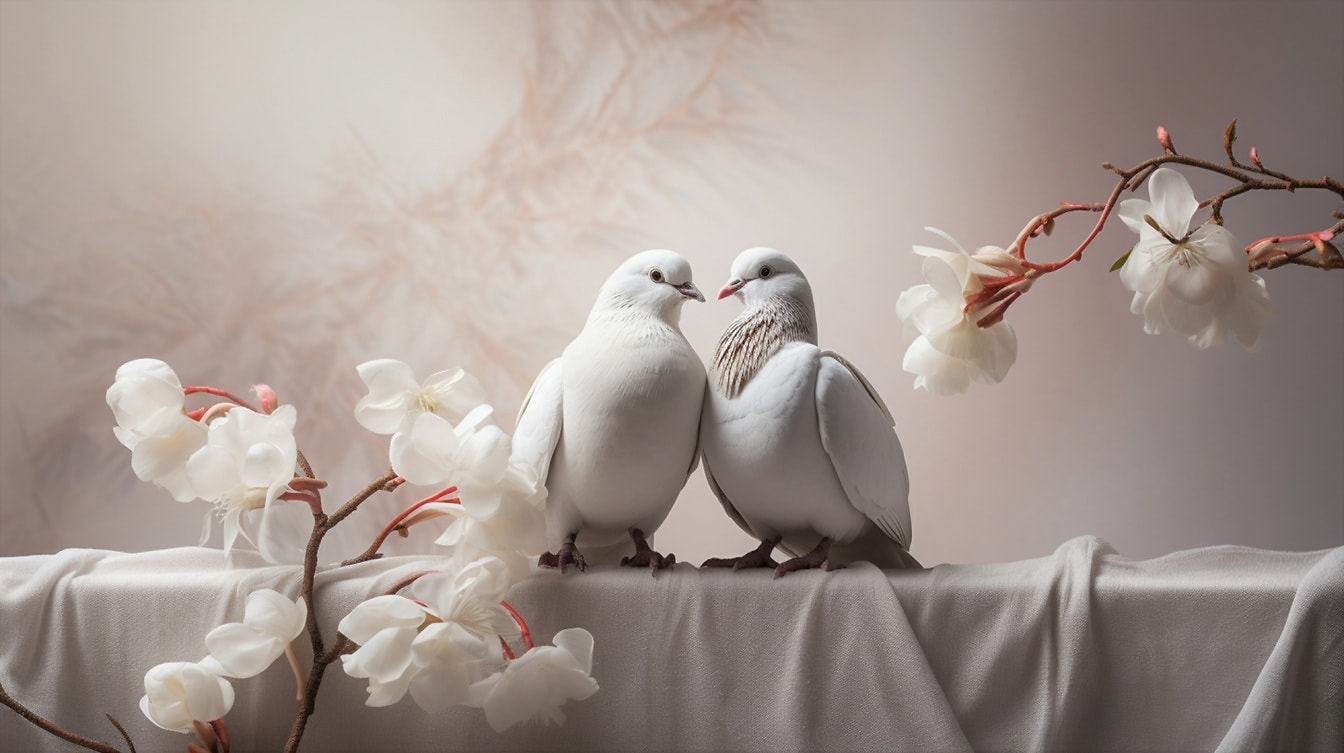 Valkoiset kyyhkyset linnut istuvat valokuvastudio ammattimainen valokuvaus