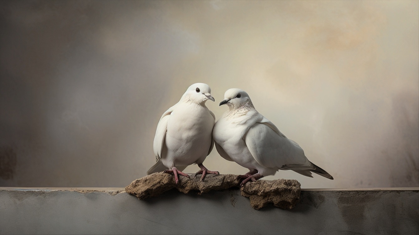 Majestátní bílý holubí ptáci s béžovým pozadím