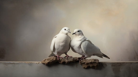 Majestic white pigeon birds with beige background