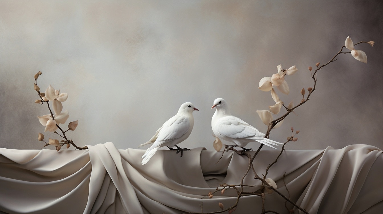 Weißes Taubenpaar sitzt auf beigefarbener Leinwand im Fotostudio