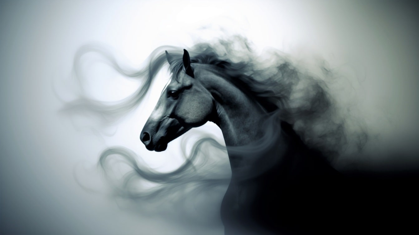 Fantasie zwart-wit afbeelding van majestueus paard zijaanzicht