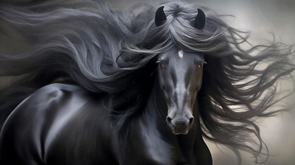 Illustration af sort hest portræt med langt hår