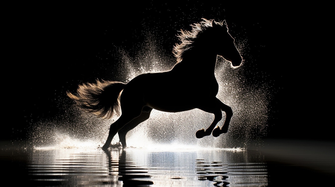 Silhouette of horse jumping in water with backlight