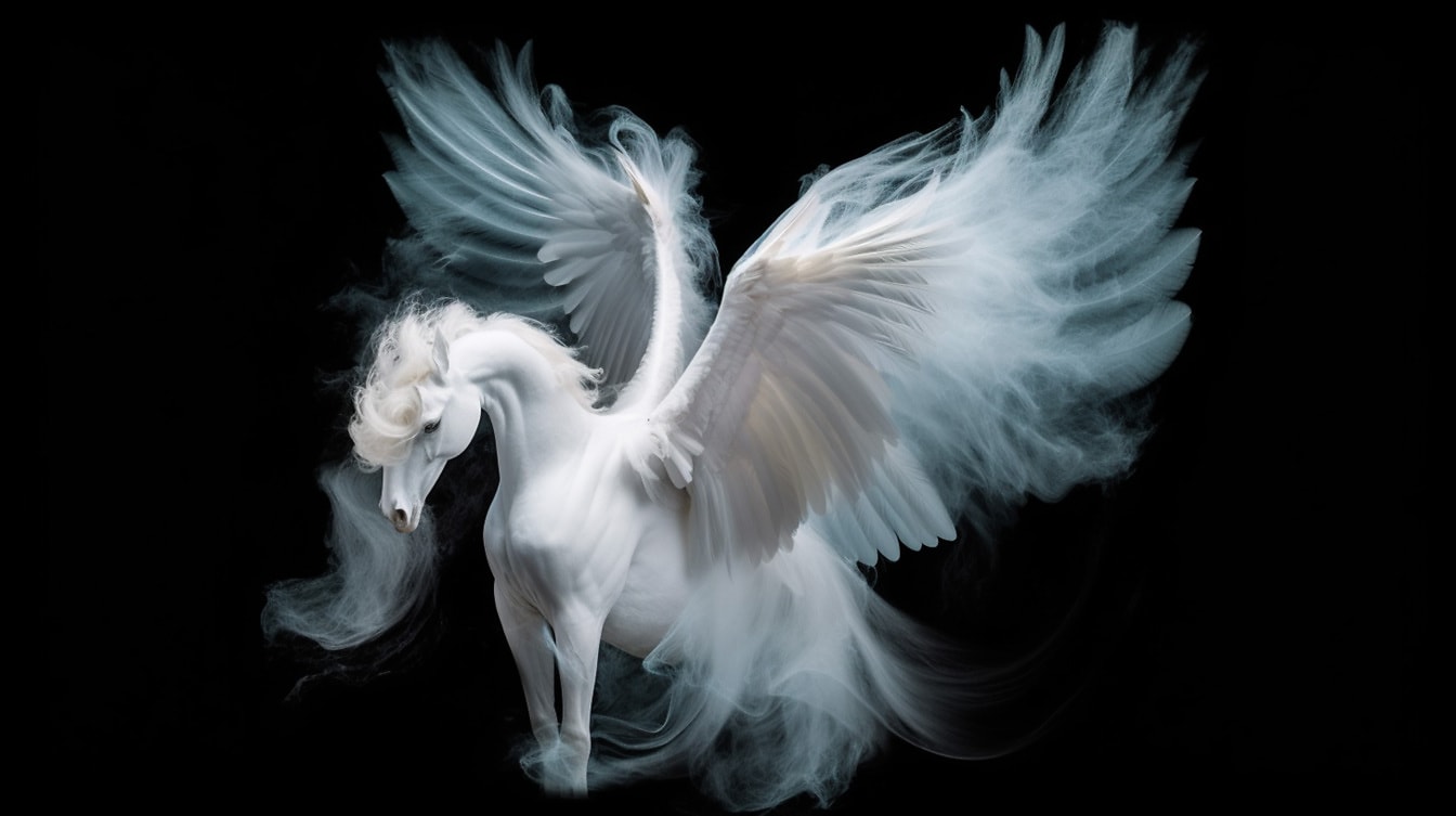 ม้าเพกาซัสสีขาวแฟนตาซีที่มีปีกสีขาว