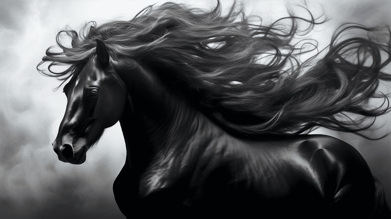 Musta andalusialainen ori hevonen mustavalkoinen valokuvaus