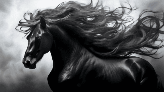 Черен андалуски жребец кон черно-бяла фотография