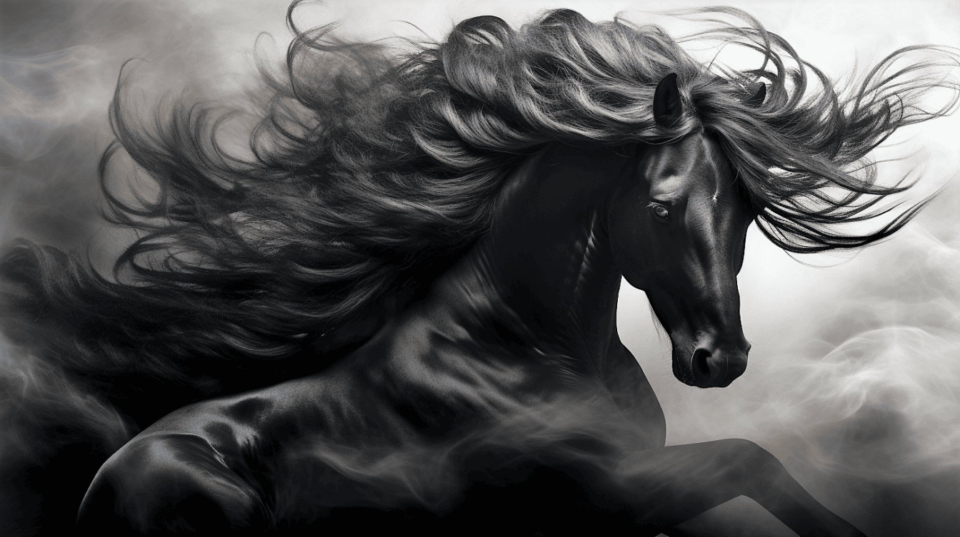 Chlpatý čierny žrebec fantasy čiernobiela ilustrácia