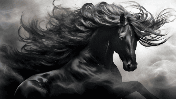 Hairy black stallion fantasy black and white illustration