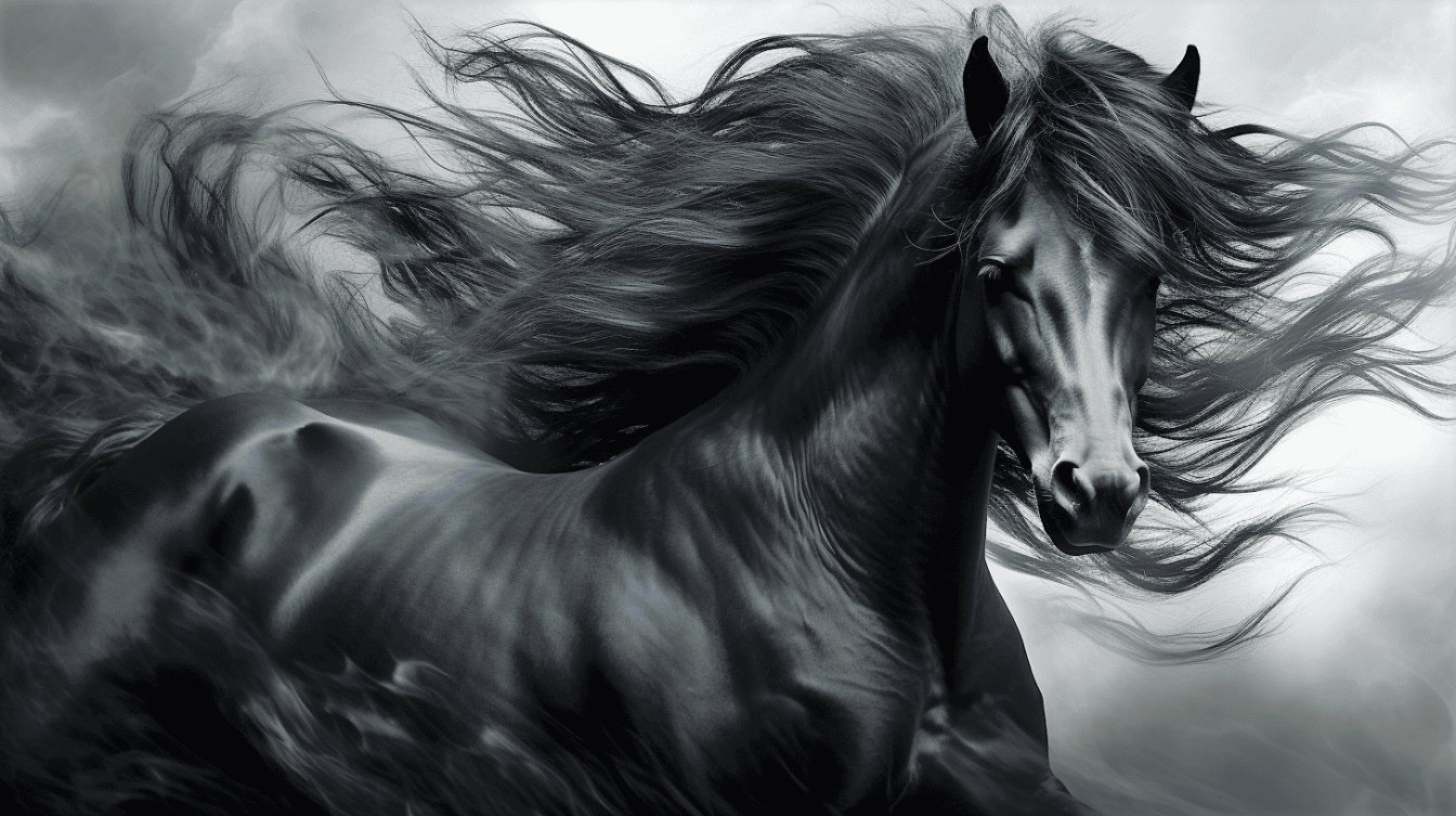 Black and white illustration of Andalusian black stallion with long hair