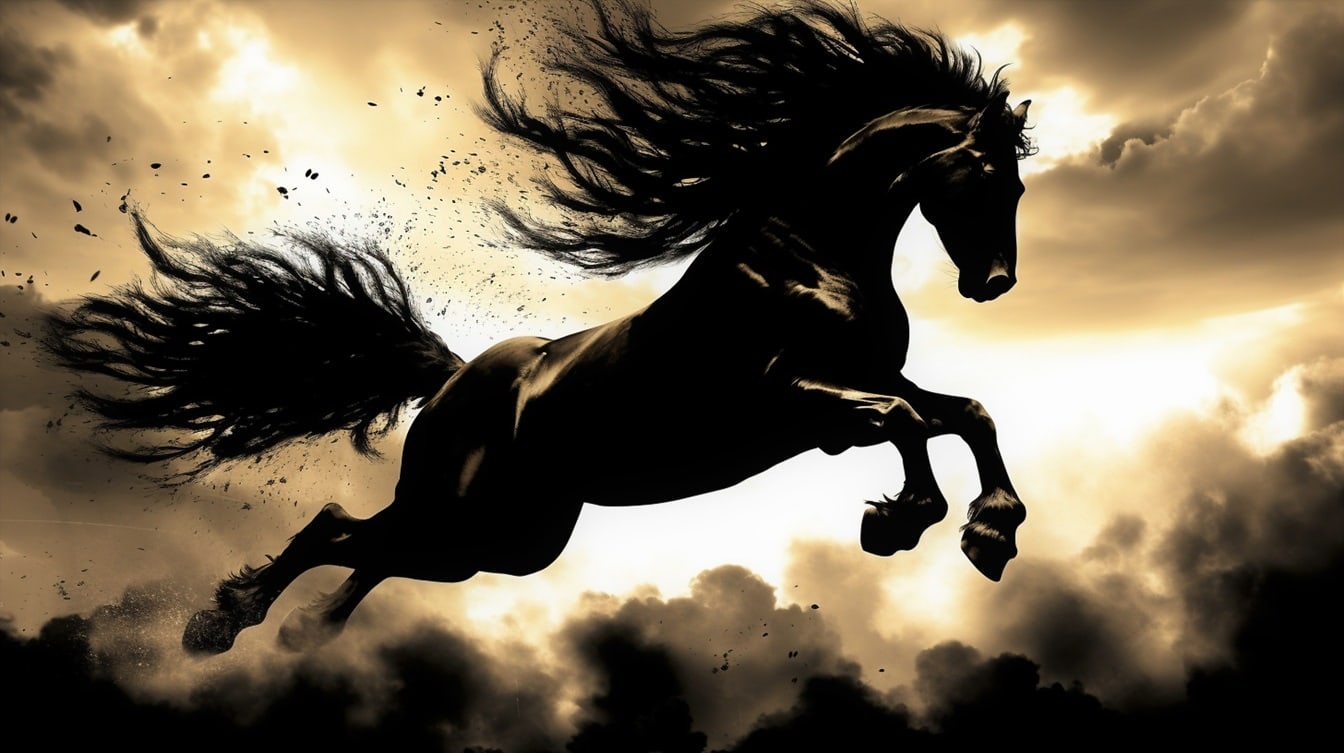 Sepia illustrasjon av silhuett svart hingst hest hopping