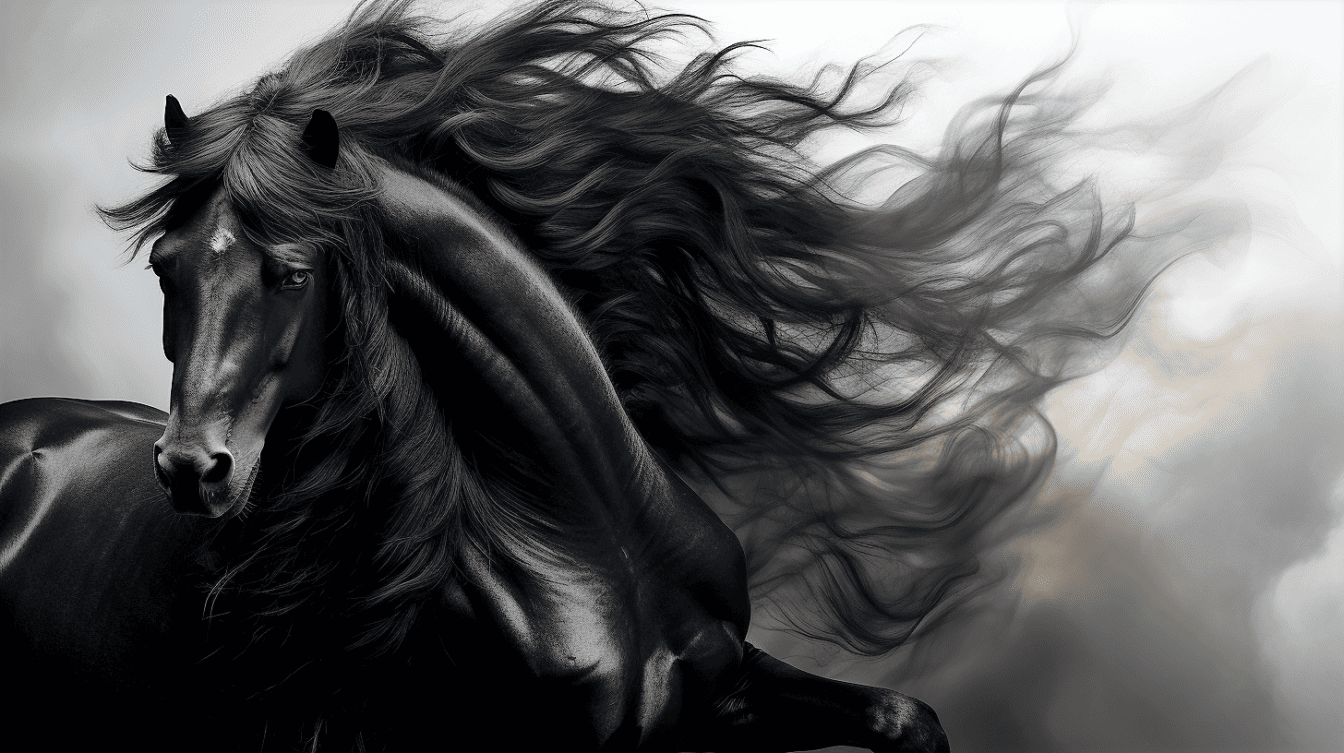Monochrome illustration of black stallion head and torso
