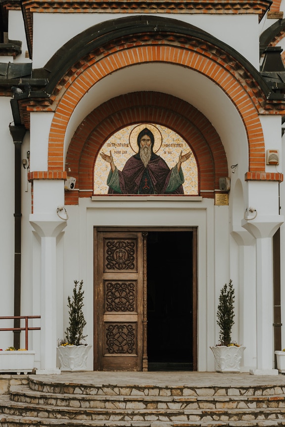 Front door of orthodox church with mosaic of Saint Simeon the Peaceful