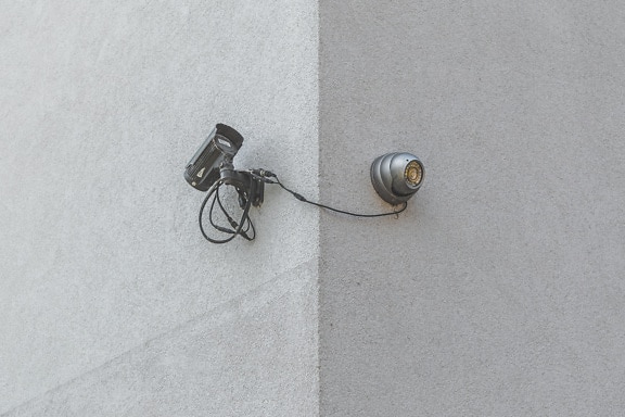 Cámara digital, vigilancia, esquina, pared, dispositivo, equipamiento, cable