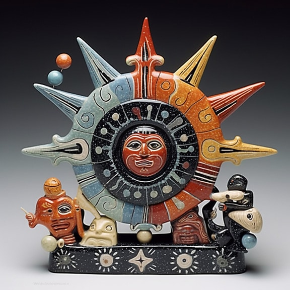 Ceramic figurine colorful Aztec symbol Sun star