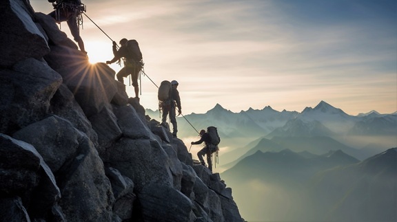 Extreme mountain climbers at exploration of mountain peak