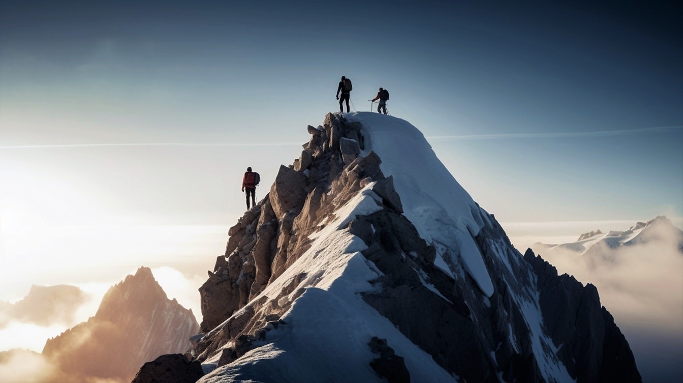 Трима екстремни алпийски алпинисти на ледников връх
