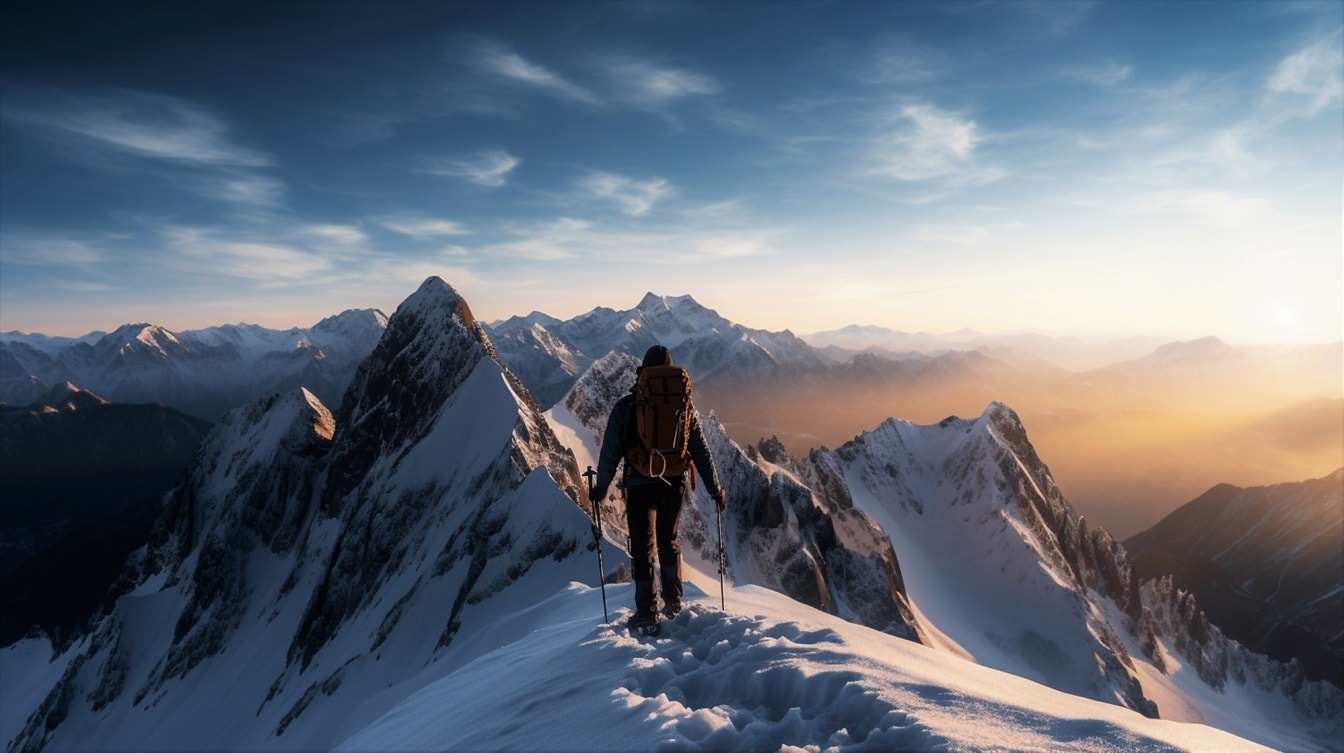 Extreme bergbeklimmer bij top van besneeuwde bergtop bij zonsopgang