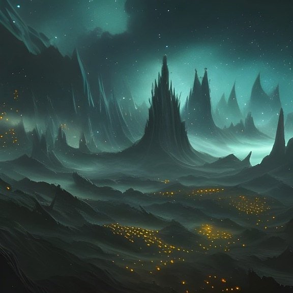 Dark green sky on fantasy planet futuristic illustration
