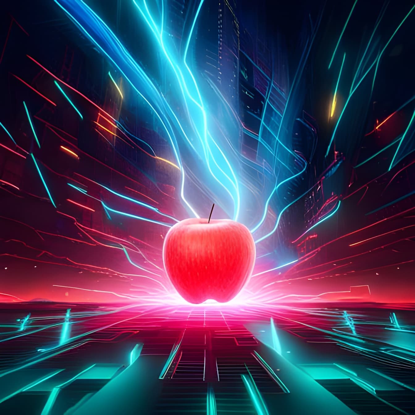 Illustrazione di mela rossa scura con sfondo laser luci verdi