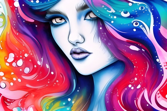 Illustration of portrait of gorgeous girl with colorful hairstyle