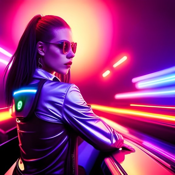 Young woman brunette with laser lights colorful background
