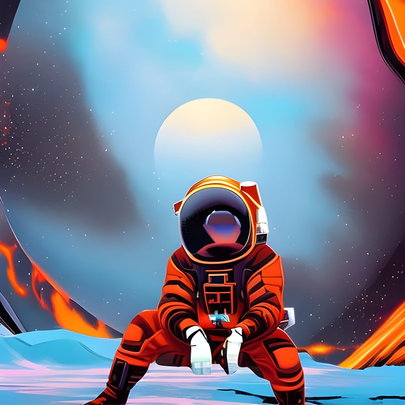 Современное поп-арт изображение скучающего астроселфи, сидящего в одиночестве в далеком инопланетном мире