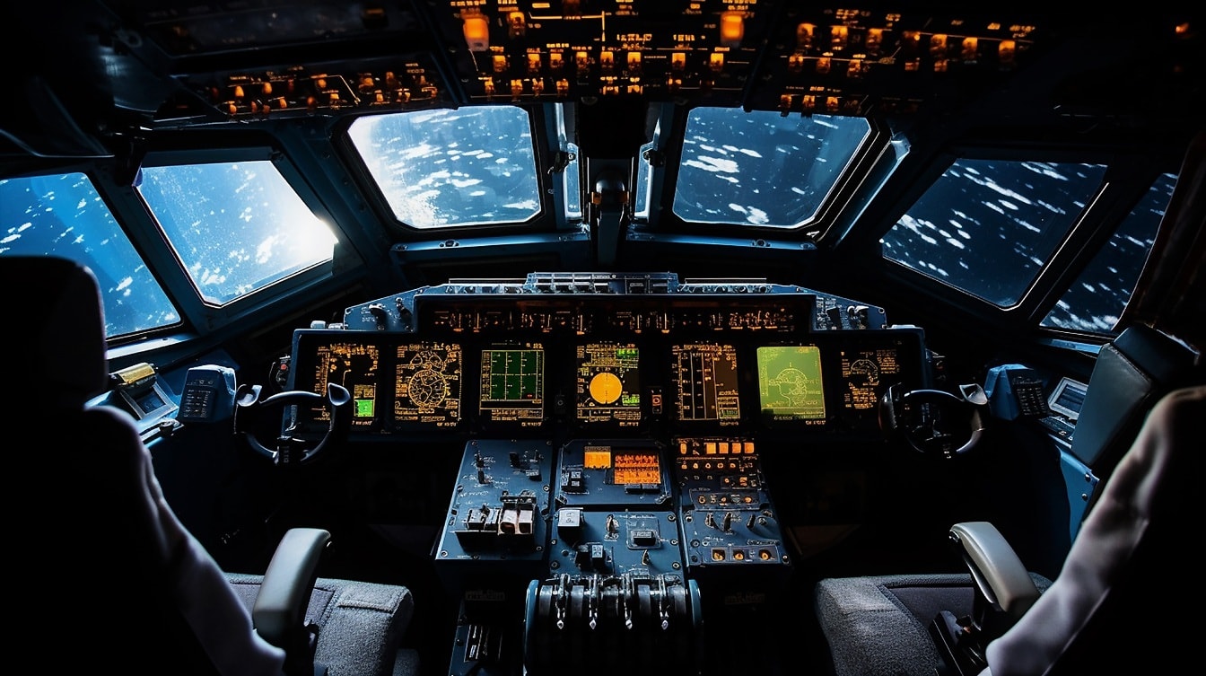 Interiör i rymdfärjans cockpit med instrumentbräda