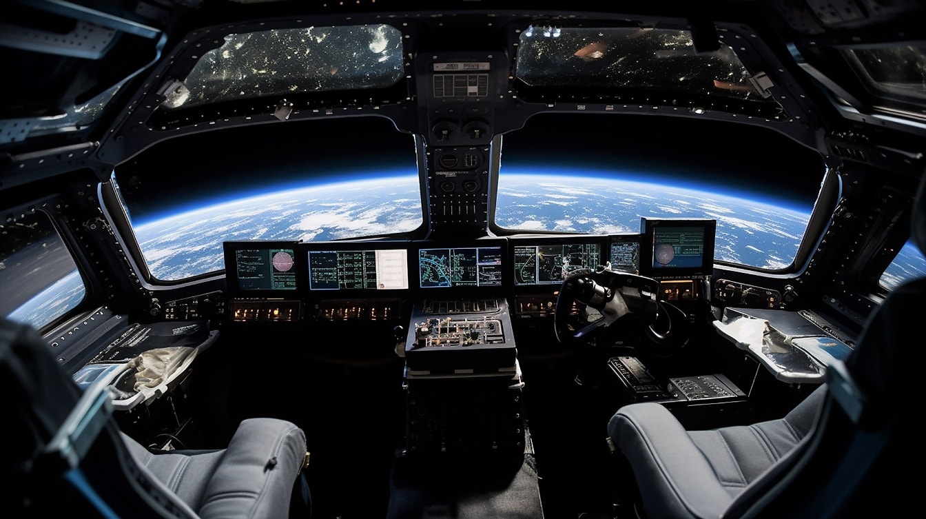 Cabina di pilotaggio della navetta spaziale nell’orbita terrestre nell’universo