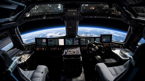 Cockpit of space shuttle in Earth orbit in universe