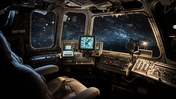 Empty cockpit of old style space shuttle galaxy exploration