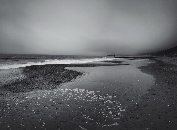 marée basse, plage, noir et blanc, photographie, paysage marin, côte, bord de mer