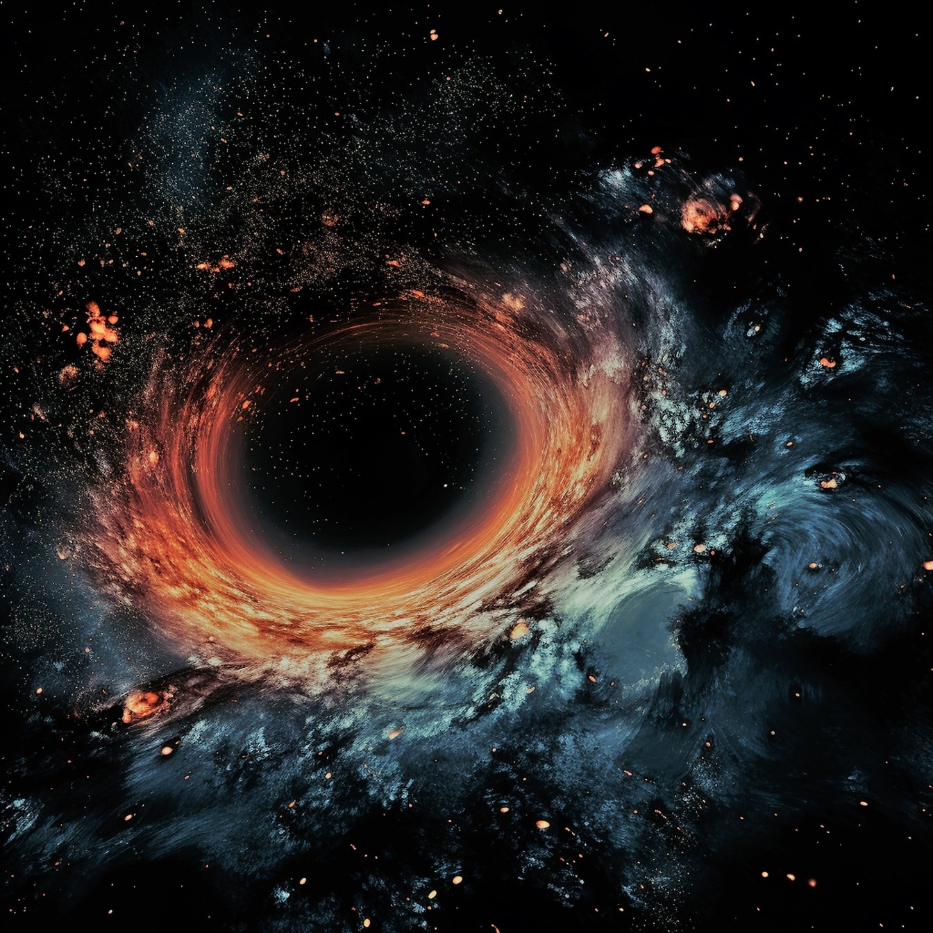 Explosion jaune orangé d’un trou noir dans un cosmos bleu foncé