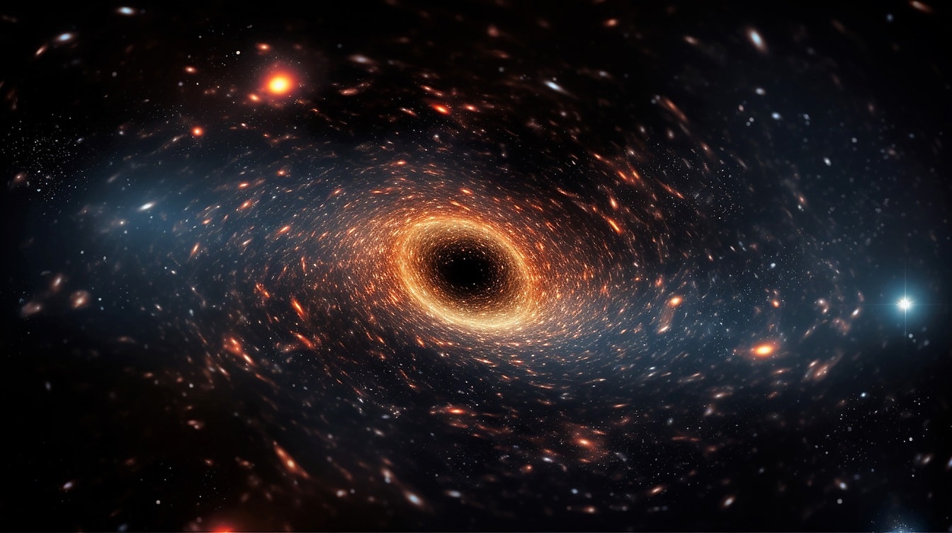 Majestátní oranžovožlutá černá díra v galaxii