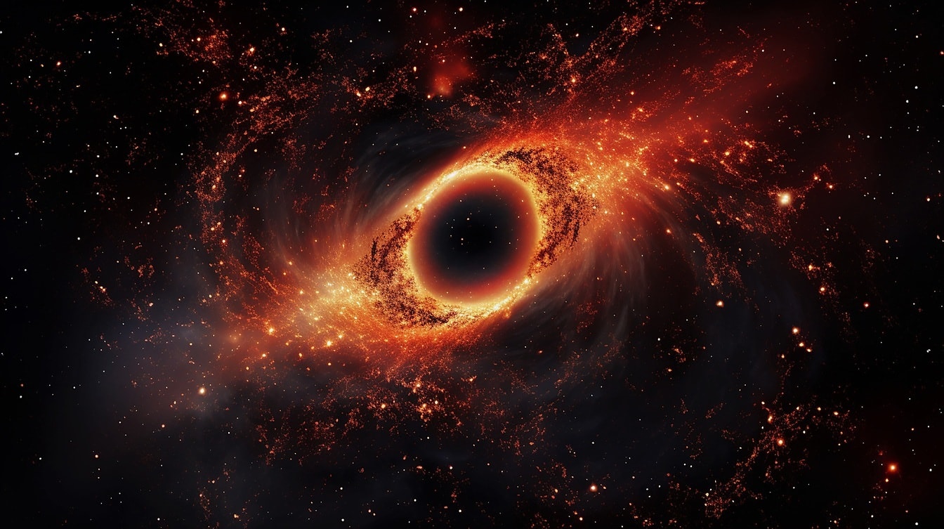 Pusaran lubang hitam merah gelap di alam semesta setelah big bang