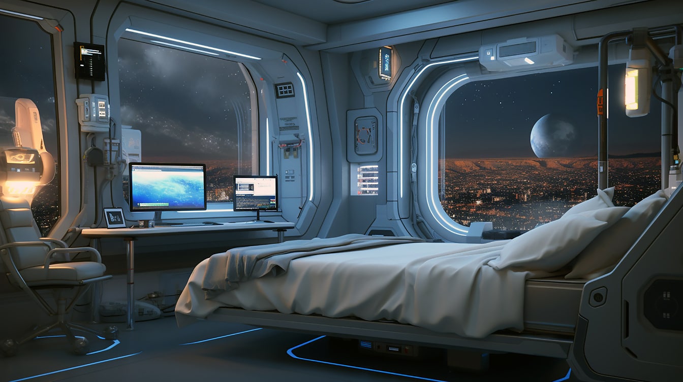 Futuristisk interiørdesign av soverom og arbeidsplass